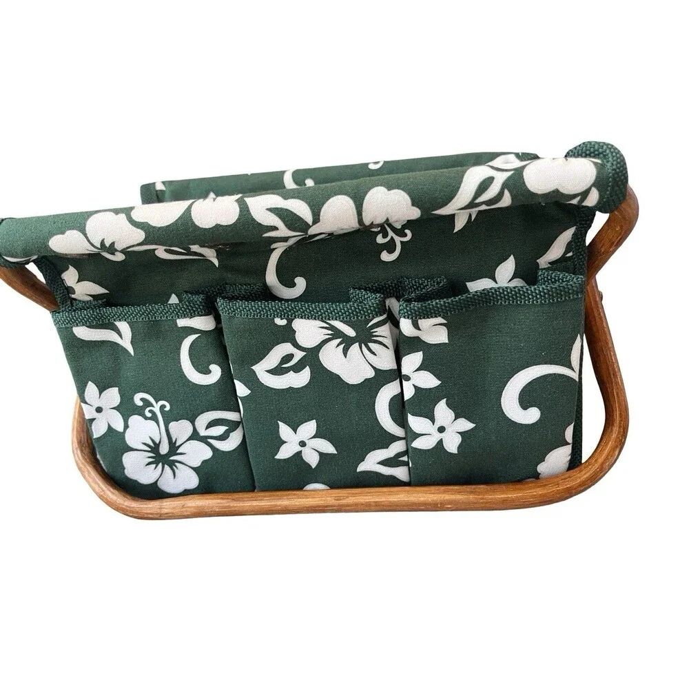 Vintage Folding Sewing Craft Organizer Basket Green Floral Wood Handle Storage